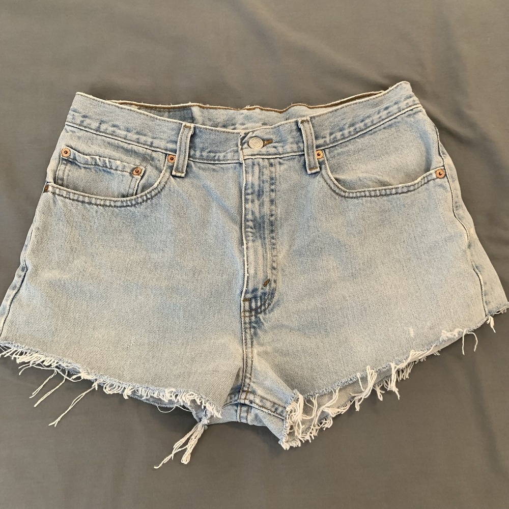 Vintage Levi's 505 Shorts Woman's 34 Blue Denim Cutoff Frayed Raw Hem Cheeky